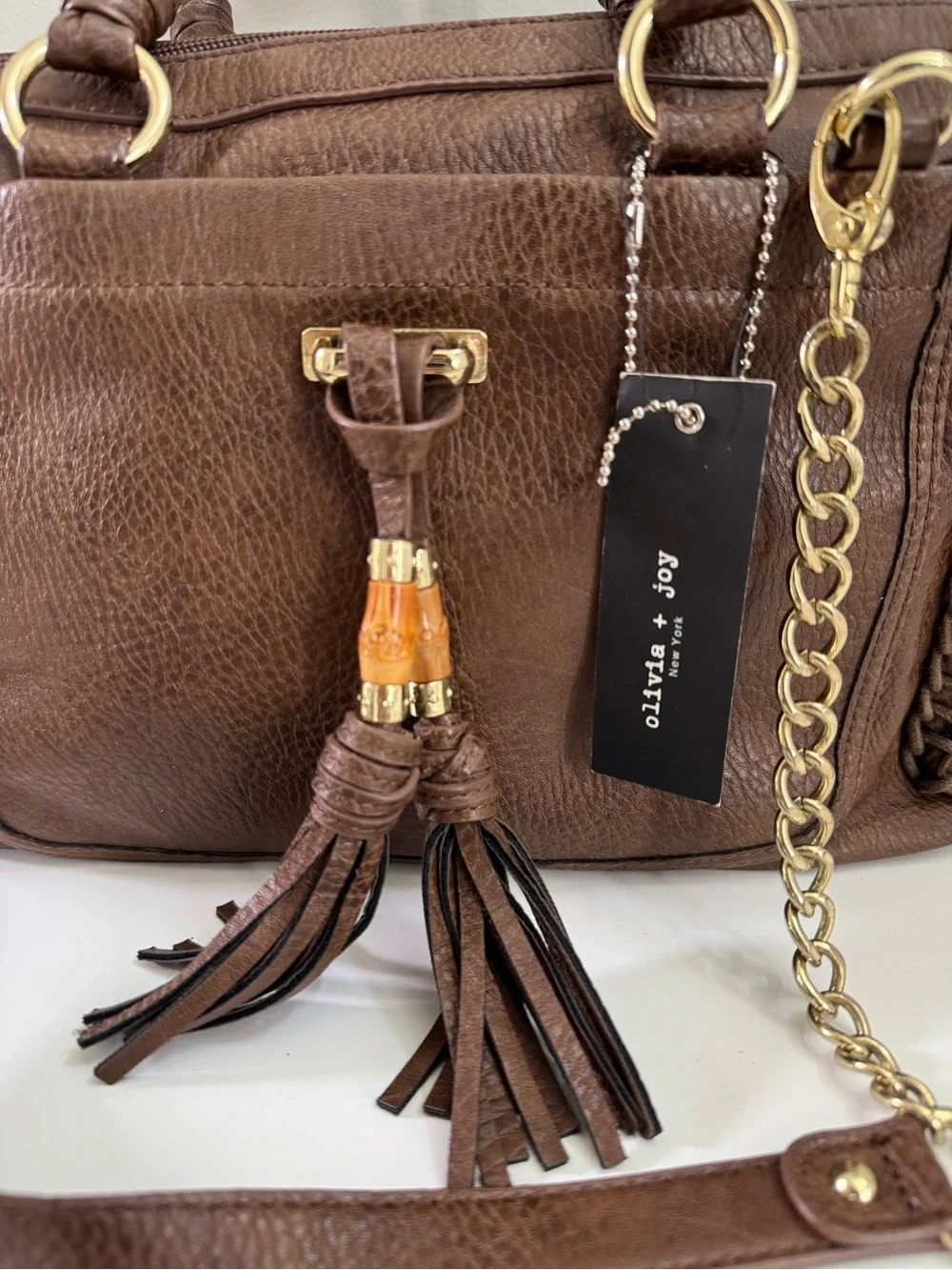 Olivia + Joy Stitched Brown Shoulder Bag with Detachable Gold Chain Strap